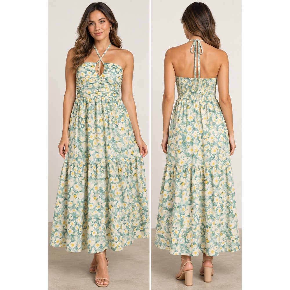 Bishop + Young NWT Aeries Halter Dress Lagos Print Floral Cotton Maxi Small